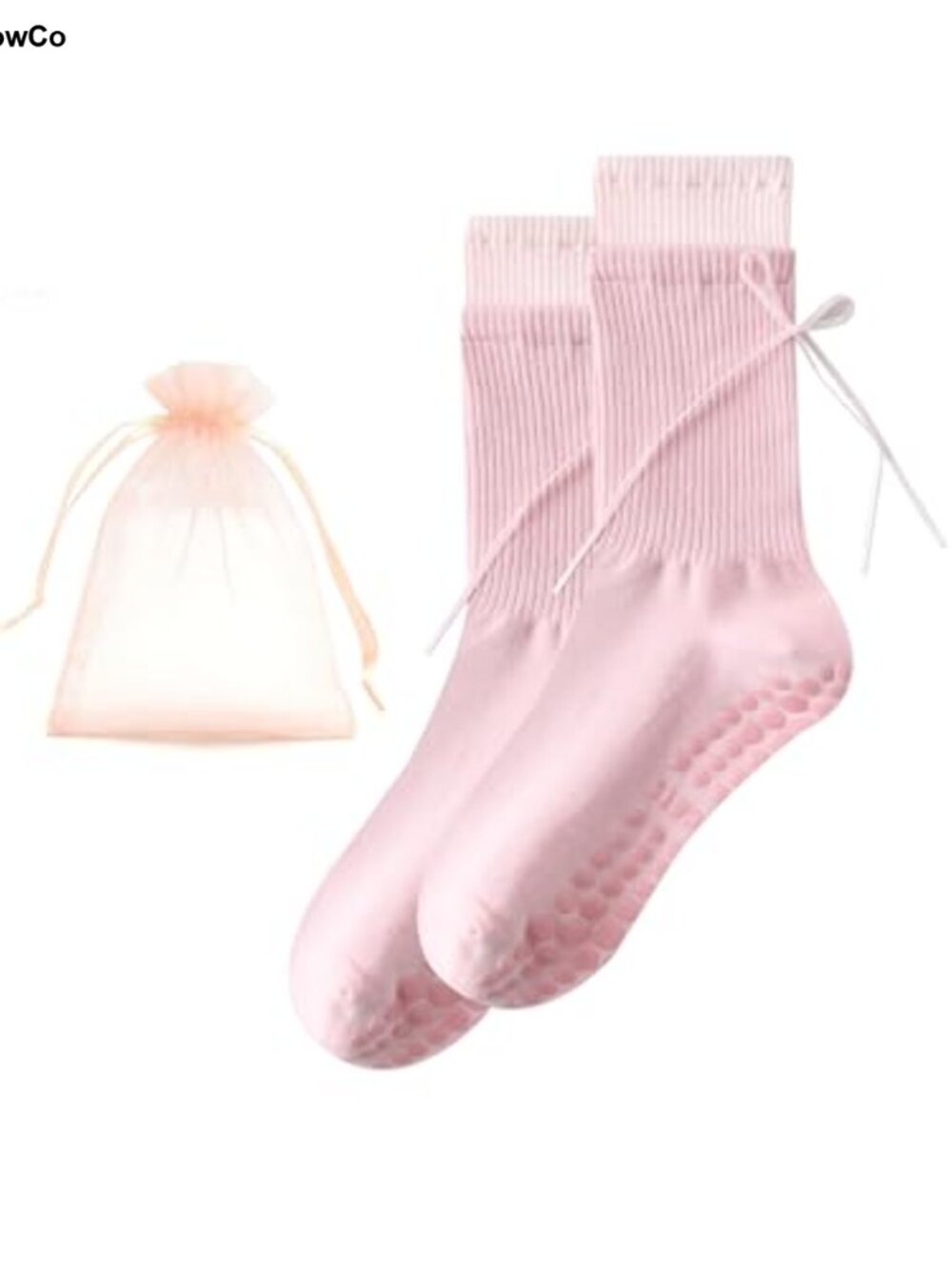 Women's Pilates Yoga Socks with Grips, Ribbon Bow Athletic Socks, Non-Slip